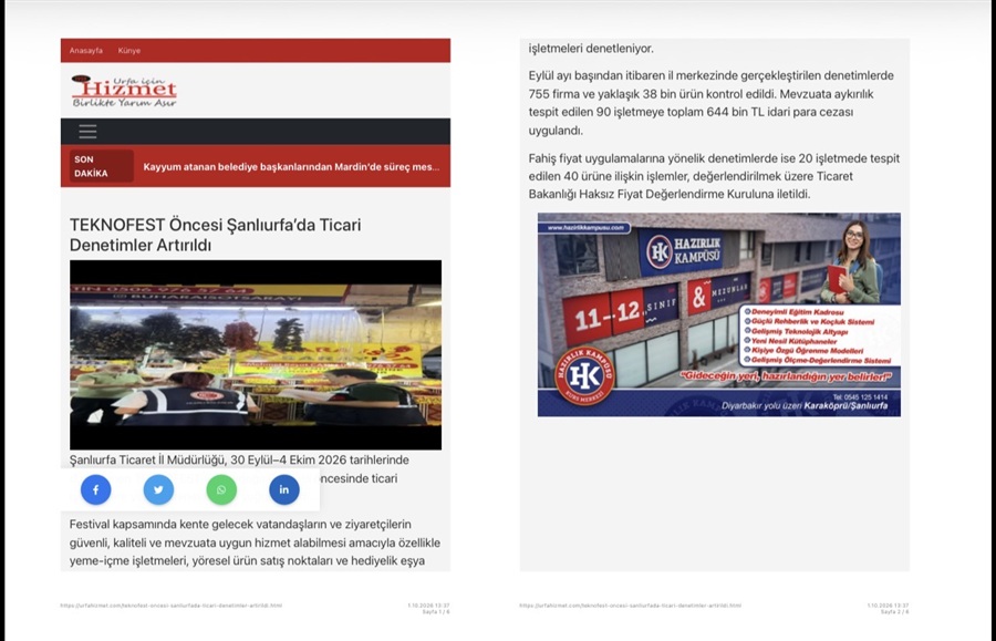 “TEKNOFEST Şanlıurfa Organizasyonu Öncesi ve Süresince Ticaret İl Müdürlüğümüzce Gerçekleştirilen Denetim ve Bilgilendirme Faaliyetleri” 
